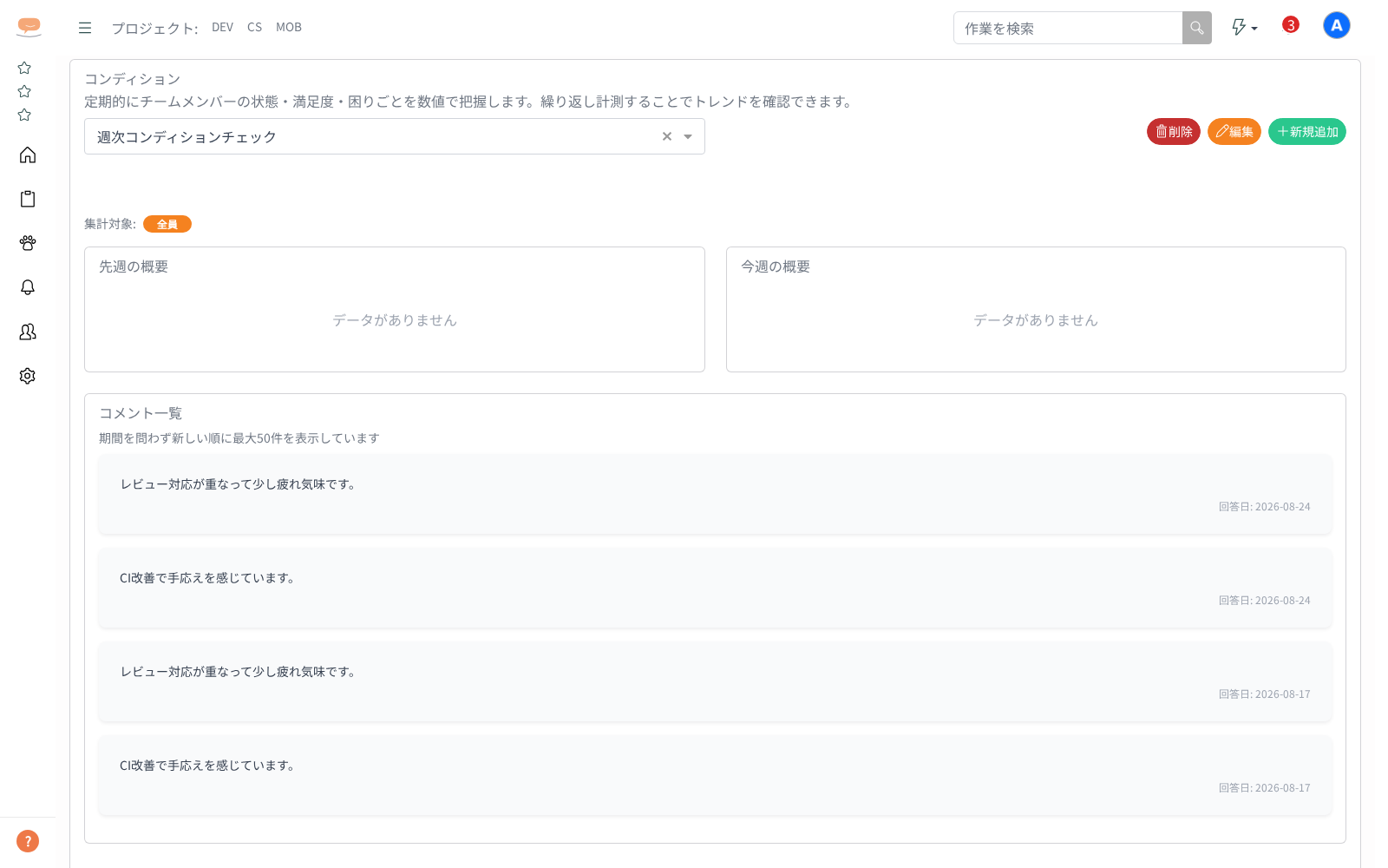 コンディションの集計を見るの画面
