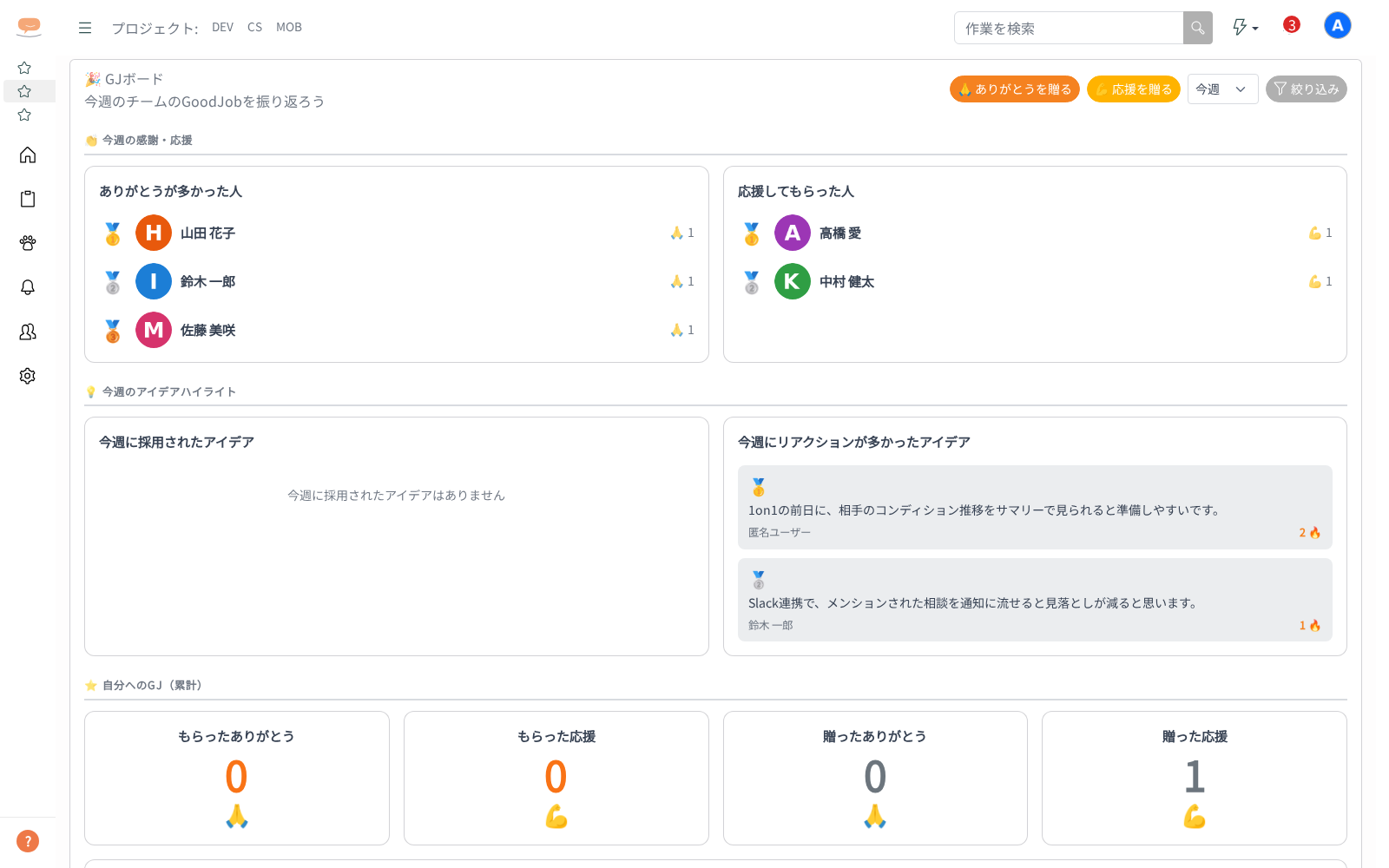 GJ ボードを見る・感謝や応援を送るの画面