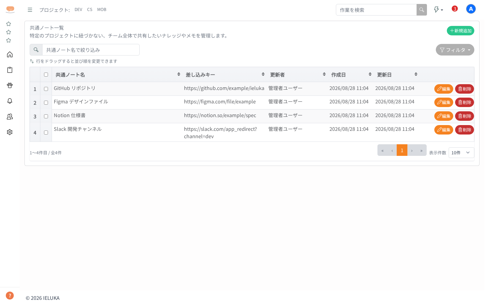 共通ノートを管理するの画面