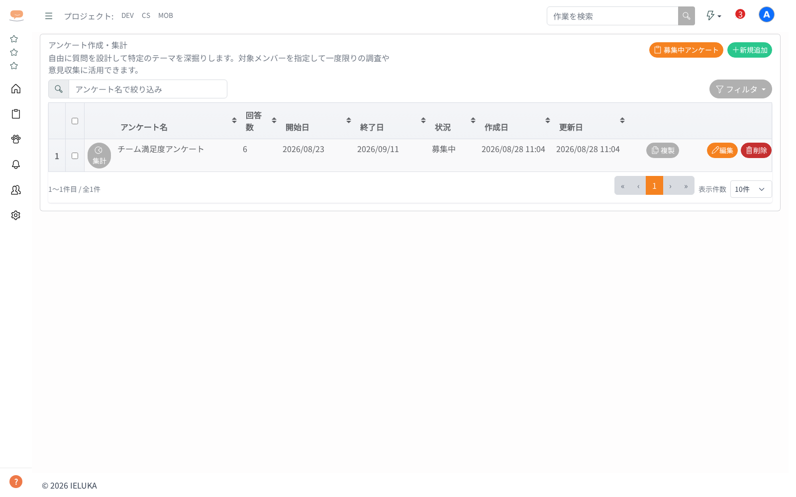 アンケートの集計を見るの画面
